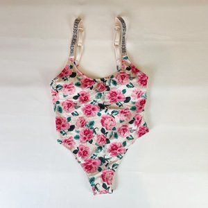NWOT Victoria's Secret Swimsuit M One Piece Roses Shine Straps Logo Bling